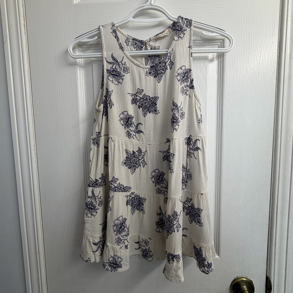 Altar'd State Women's Cream Floral Tiered Tank Top with Navy Print - Size XS